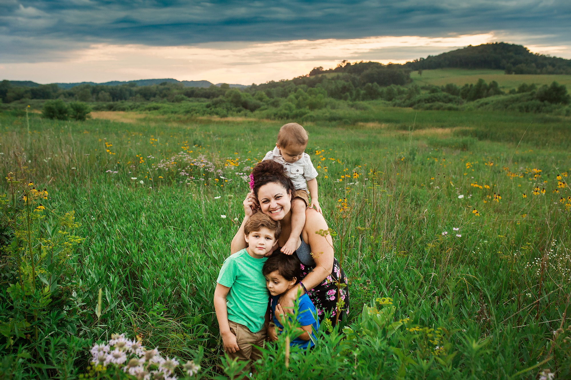 mother and sons in flower field wisconsin