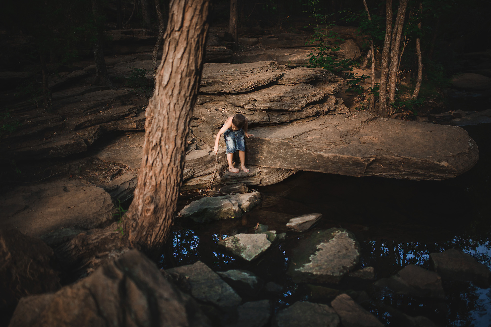 little boy exploring at stone creek