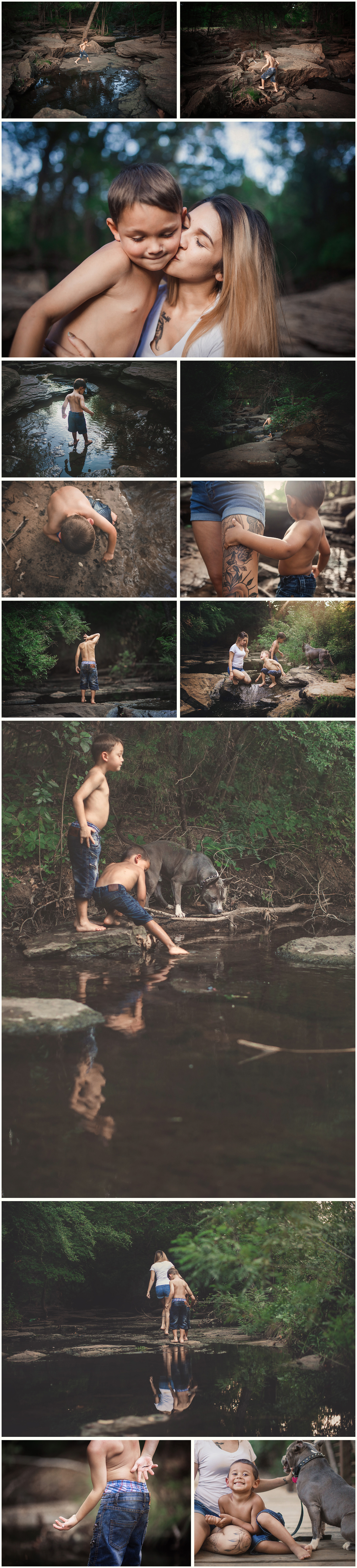boys and dog with mother at creekbed