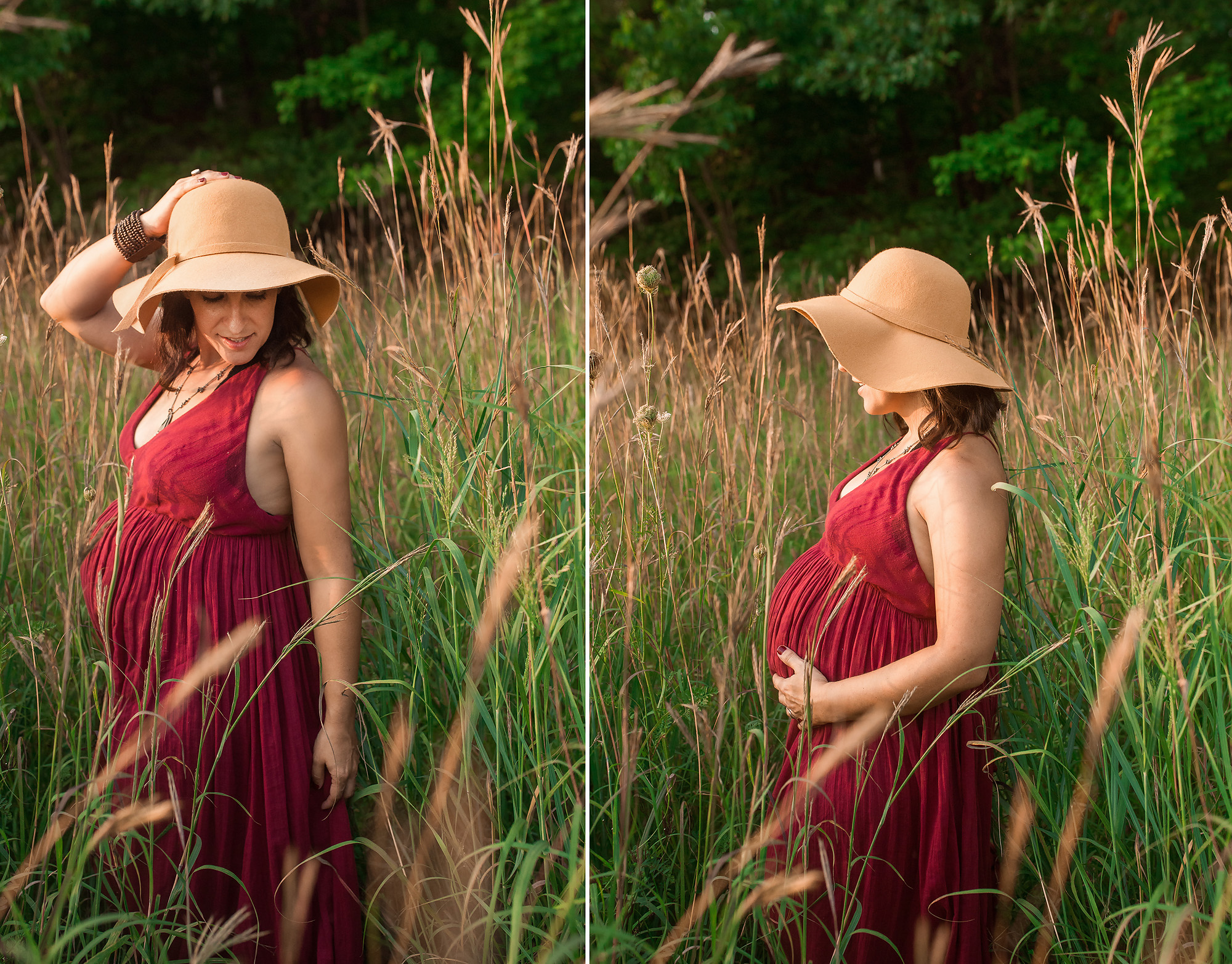 maternity red dress and hat outdoor