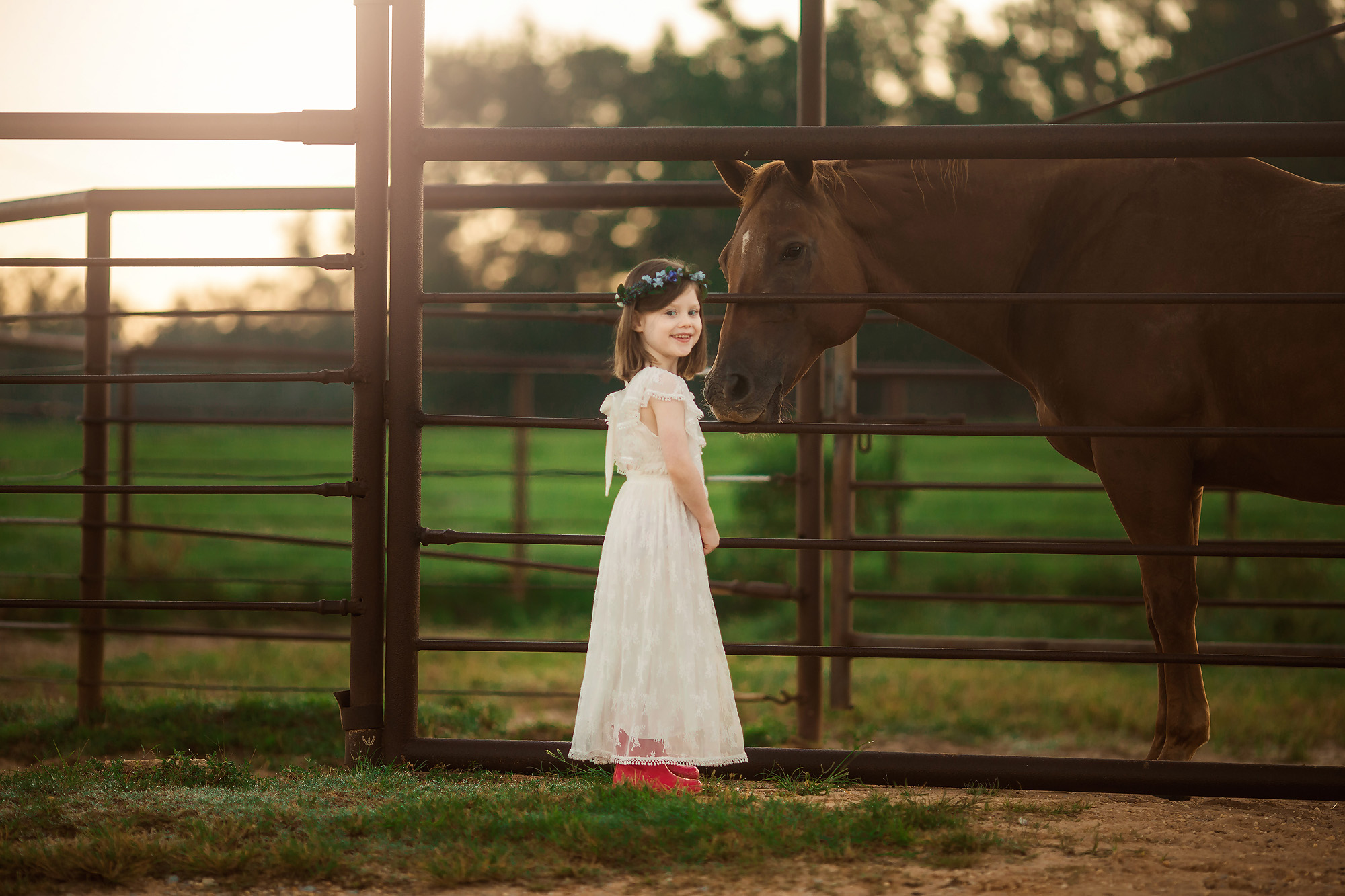 little girl by horses at farm
