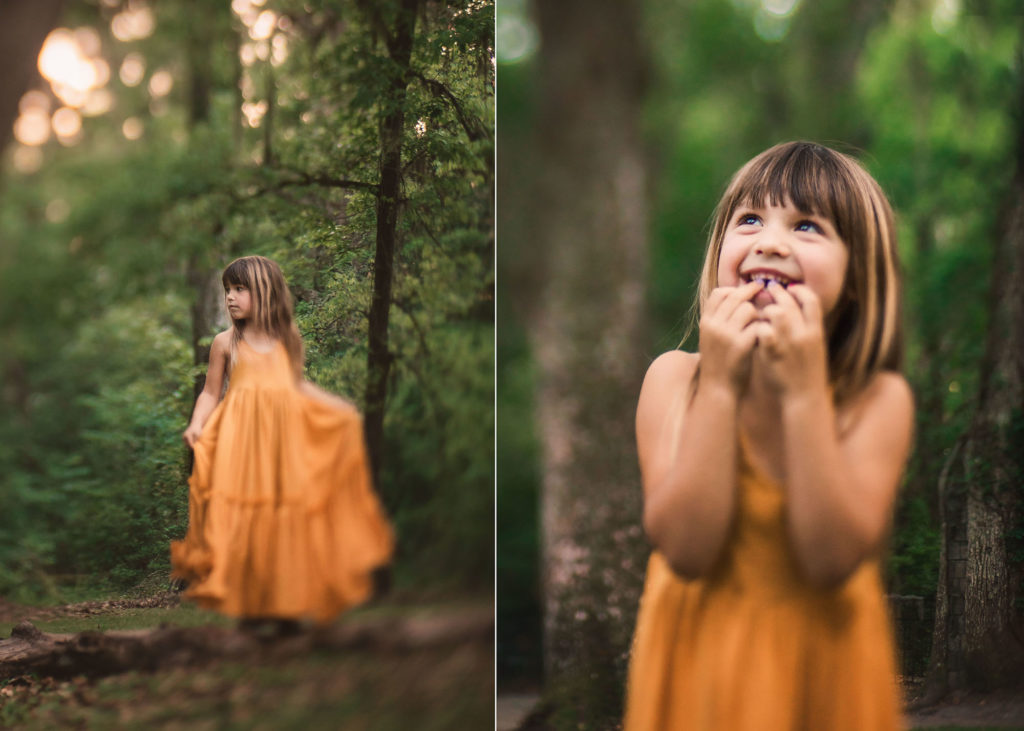 happy girl in yellow dress in woods