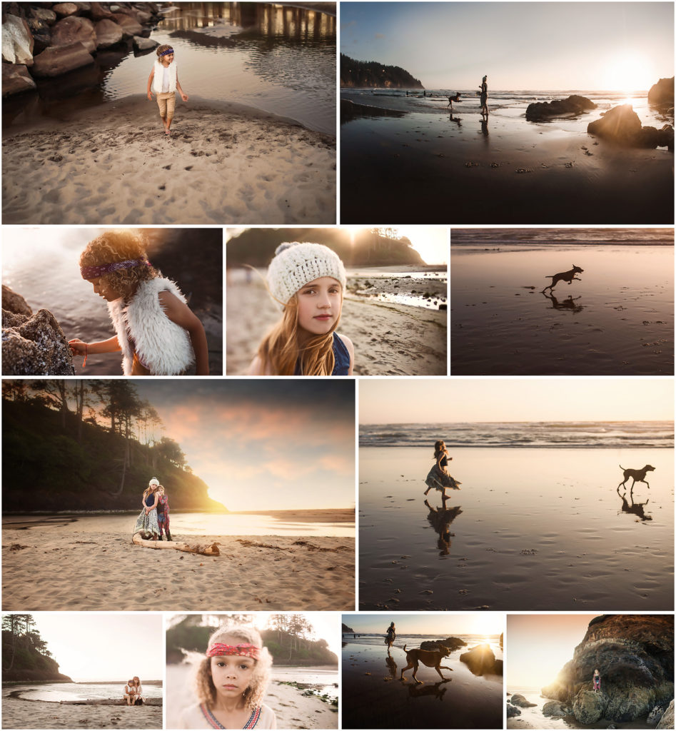 kids on oregon beach with dog sunset