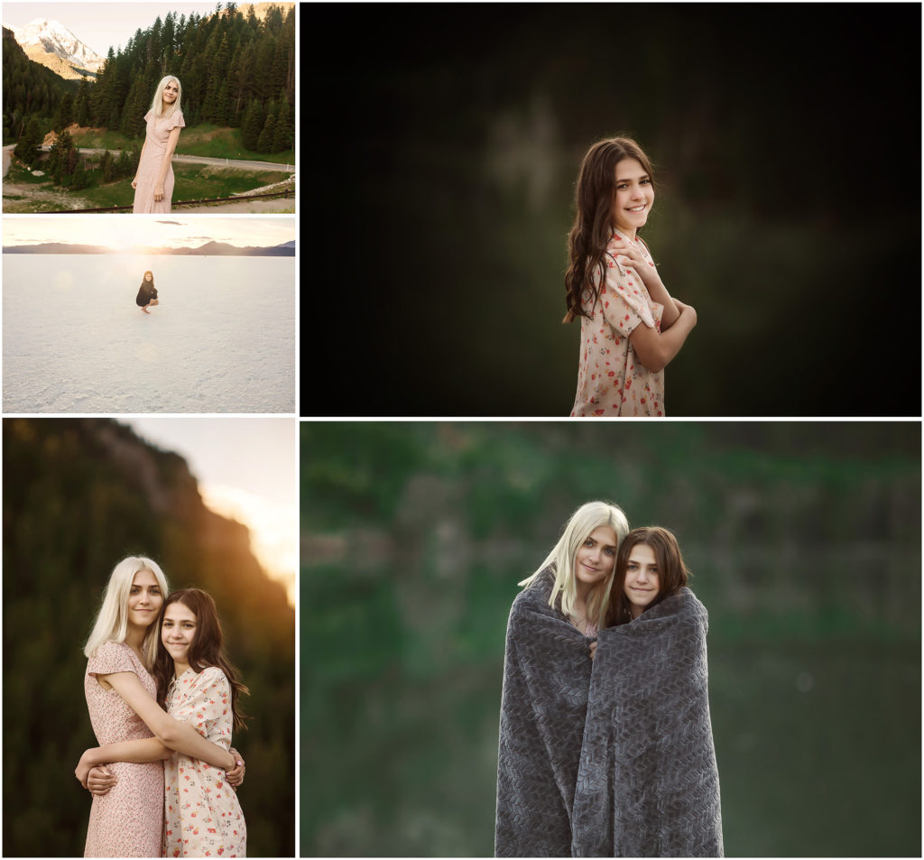 sisters by lake at sunrise portraits